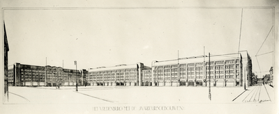 403138 Gezicht op de (ontworpen) Jaarbeursgebouwen op het Vredenburg te Utrecht.